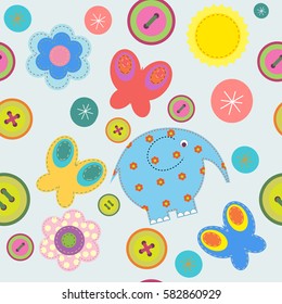 Cute seamless pattern with flowers and butterflies and elephant