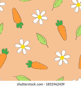 Cute Seamless pattern with flowers, carrots and leaves on orange background. texture for textile, wrapping paper, package, fabric, wallpaper