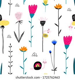Patrón perfecto con flores y caracoles divertidos. La pradera con flores. Textura infantil creativa para tela, envoltura, textil, papel pintado, vestimenta. Ilustración vectorial.