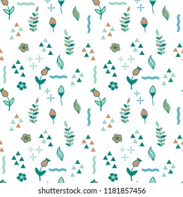 Cute seamless pattern with flowers and geometric elements, vector