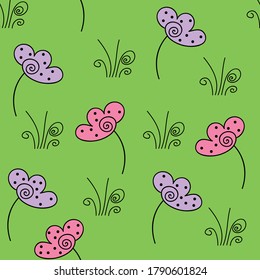 cute seamless pattern with flowers and grass in bright colors. Nice summer floral vector repeated background for prints, fabric, wallpaper, textile, wrapping paper.