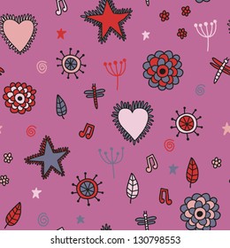 Cute seamless pattern with flowers hearts and stars. Abstract pattern with doodle details. Vector illustration.
