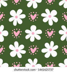 Cute seamless pattern with flowers and hearts. Floral print. Vector illustration.