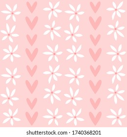 Cute seamless pattern with flowers and hearts. Flat vector illustration.