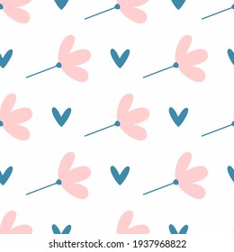 Cute seamless pattern with flowers and hearts. Endless girly print. Simple vector illustration.