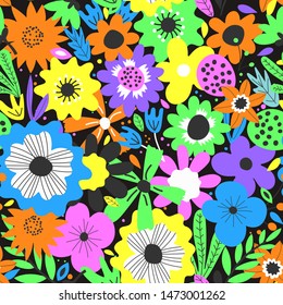 Cute seamless pattern with flowers and leaves. Colorful background for your design. Vector