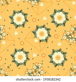 Cute seamless pattern with flowers and leaves put in a heart shape and envelopes. Orange background. Flat style illustration.