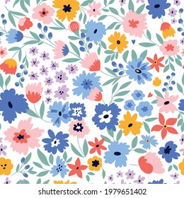 Cute seamless pattern with flowers and leaves. Perfect for wrapping paper, fabric texture, wallpaper