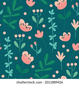 Cute seamless pattern with flowers and leaves. Perfect for wrapping paper, fabric texture, wallpaper
