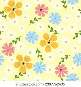Cute seamless pattern with flowers and leaves