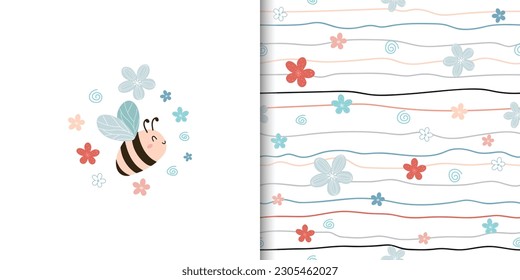 Cute seamless pattern with flowers, on white. Vector illustration background. Design for fabric, nursery textile, wrapping, wallpaper