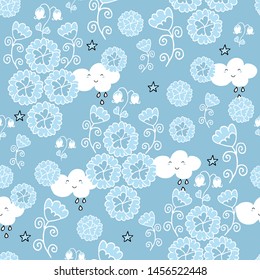 Cute seamless pattern with flowers and owls on baby blue background. Nursery decor idea.