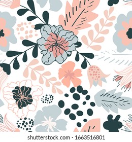 Cute seamless pattern with flowers in pastel colors. Beautiful summer pattern. Background with flowers. Seamless vector texture with cute organic elements. Creative floral texture. Good for printing