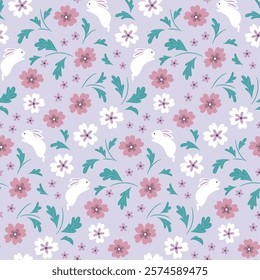 cute seamless pattern with flowers and rabbits