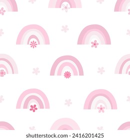 Cute seamless pattern with flowers and rainbow. Cartoon spring collection. Vector illustration. For wrapping paper, wallpaper, apparel, textile