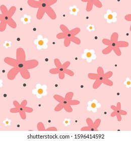 Cute seamless pattern with flowers and round spots. Funny floral print. Girly vector illustration.