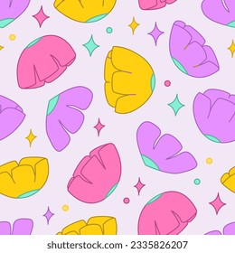 Cute seamless pattern with flowers and stars. Vector floral background in kawaii style