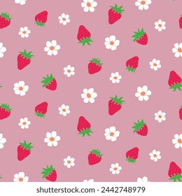 Cute seamless pattern with flowers and strawberries, berry background.