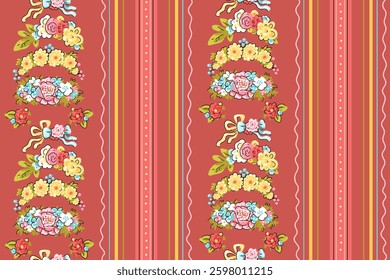Cute Seamless pattern with flowers and stripes. Striped pattern with flower crowns on brown background. Hand drawn vector illustration. Textures for wallpaper, wrapping paper, textile design
