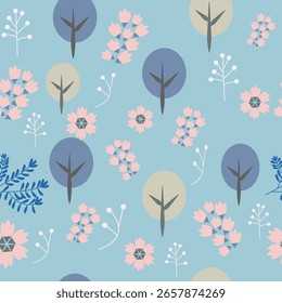 Cute seamless pattern. a pattern with flowers and trees on a background Colorful design for kids cloth, wallpaper, and any backgrounds .Repeating Pattern for  Child.
