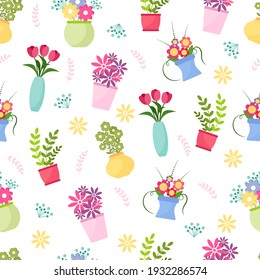 Cute Seamless Pattern with flowers and vases. Floral vector collection of flowers and branches on white background. web banner, invitation, cards,apparel, home decor, fabric. Vector illustration