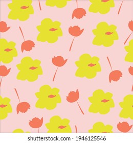 Cute seamless pattern and flowers. Vector illustration on a pink background. 