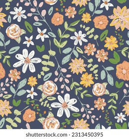 Cute seamless pattern with flowers in vector.  gentle spring summer mood hand drawn floral background print 