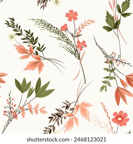 Cute seamless pattern with flowers. Vector doodle hand drawn pattern with flowers, branches, leaves for wallpapers, scrapbooking, web page