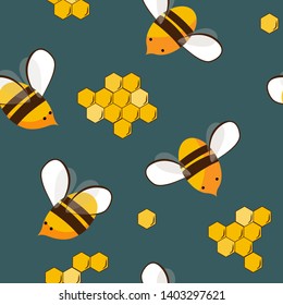 Cute seamless pattern with flying bees and honey bees. Vector illustration, dark blue background