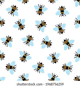 cute seamless pattern with flying bees, cartoon black and yellow bees isolated on white background