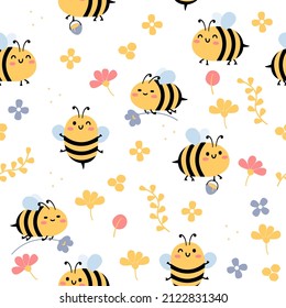 Cute seamless pattern with flying bees and flower vector illustration. Creative baby texture for fabric, paper, banner, sticker label and greeting card.