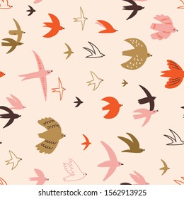 Cute seamless pattern with flying birds in the sky. Animal print design for kids fabrics. Vector hand-drawn repeat background with birds.