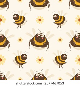 Cute seamless pattern with flying bumblebees and daisies. Vector illustration for kids room design, textile, scrapbooking, wrapping paper, poster, cover.