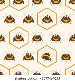 Cute seamless pattern with flying bumblebees and honeycomb. Vector illustration for kids room design, textile, scrapbooking, wrapping paper, poster, cover.