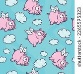 Cute seamless pattern of flying pigs, with clouds on the blue background. When Pigs Fly. Graphic texture for package, wallpaper,  wrapping paper, label, fabric, print, advertising.
