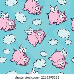 Cute seamless pattern of flying pigs, with clouds on the blue background. When Pigs Fly. Graphic texture for package, wallpaper,  wrapping paper, label, fabric, print, advertising.
