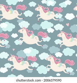 Patrón perfecto con unicornios voladores. Ideal para envolver papel, tela para bebés, textil, papel pintado, cuarto de vivero, rayado o decoración de fiesta. Caricatura infantil de fondo vectorial. 