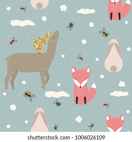 Cute seamless pattern with forest animals. Vector hand drawn illustration.