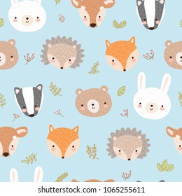 Cute seamless pattern with forest animals in vector