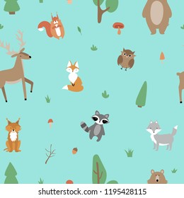 Cute seamless pattern with forest animals on a blue background. Wolf, owl, bear, fox, squirrel, raccoon, deer, tree, grass, mushrooms, branch. Vector illustration. Printing on fabric, clothing, paper.