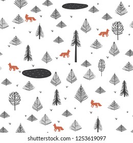 Cute seamless pattern with forest, animals, lakes. Trees, pines, spruce, Fox and ponds. Silhouette pattern. Vector illustration in flat design.
