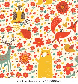 Cute seamless pattern with forest animals: bear, fox, deer, hedgehog, owl, bird. Funny animals  childish design. Happy birthday card.