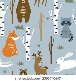 Cute seamless pattern with forest animals and trees. Vector background for fabric, wrapping paper, etc.