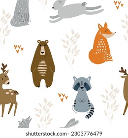 Cute seamless pattern with forest animals. Vector background for fabric, wrapping paper, etc.