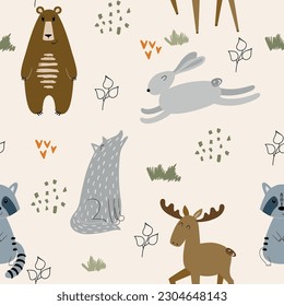 Cute seamless pattern with forest animals. Vector background for fabric, wrapping paper, etc.