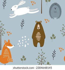 Cute seamless pattern with forest animals. Vector background for fabric, wrapping paper, etc.