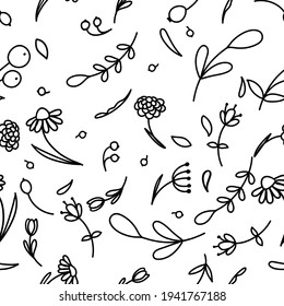 Patrón transparente de bayas forestales, flores, hojas naturales y hierbas en línea, dibujado a mano, doodle de negro. Ilustración vectorial. Ilustración bursátil.