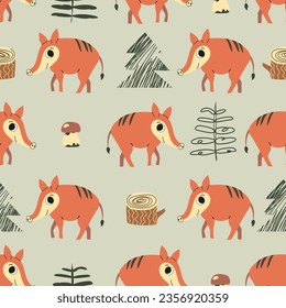 Cute seamless pattern with forest boar, mushrooms,stump and trees. Childish texture for fabric, textile, apparel, nursery decoration. Hand drawn vector illustration.