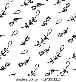 Cute seamless pattern of forest  flowers, natural leaves and herbs in line style, hand drawn, doodle of black. Vector illustration. Stock illustration.