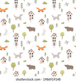 Cute seamless pattern with forest landscape elements. Cartoon animals, fox, wolf, bear, houses, trees. Vector background